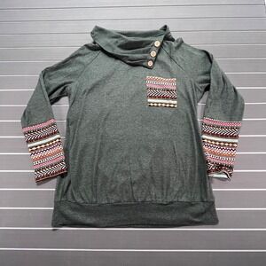 Miusey Women Green Cowl Neck Button Accent Tunic Top Boho Print Sleeve Pocket XL